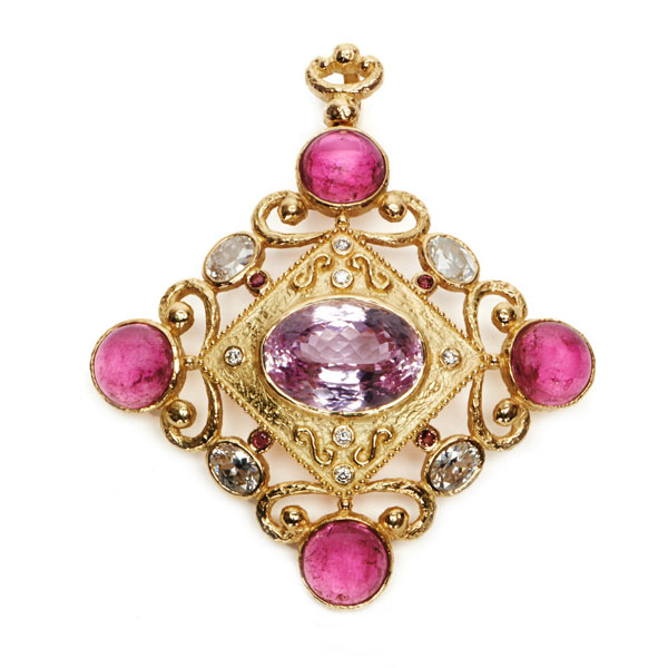 Kunzite, Pink Tourmaline, White Zircon and Diamond Pendant