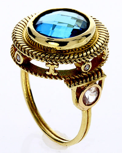 Swiss Blue Topaz, Diamond, White Sapphire 18 Karat Gold Ring