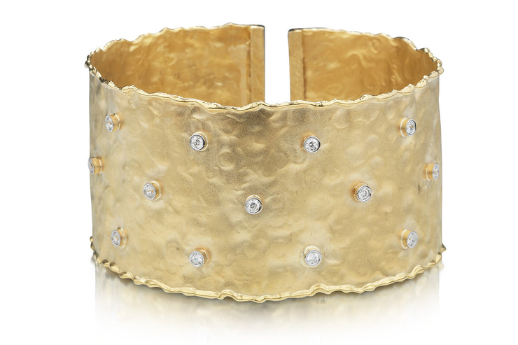 Hammered Yellow Gold Cuff with Scattered Diamonds