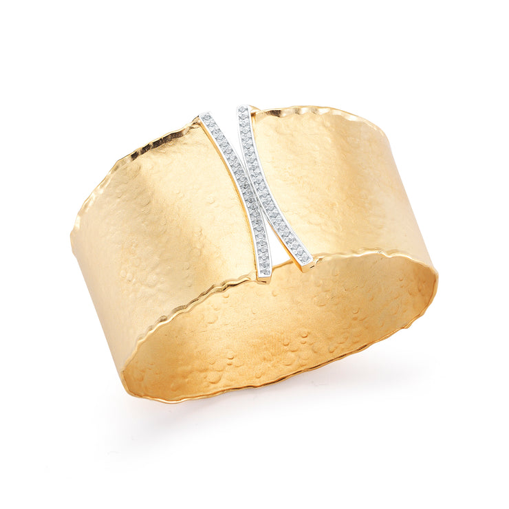 Yellow Gold Matte Hammered Cuff with 0.60 Carat Pave Diamonds