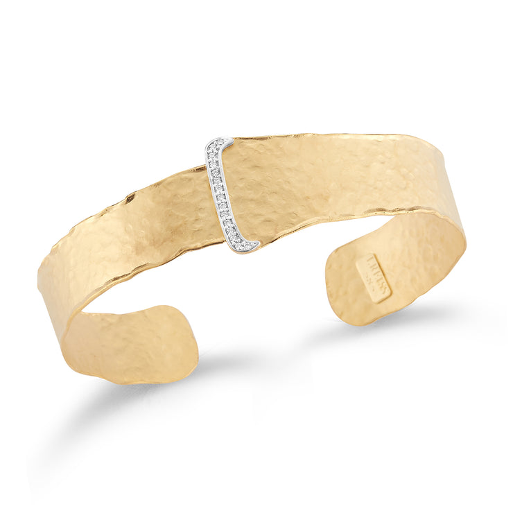 Yellow Gold Open Narrow Cuff with Pave Buckle Design