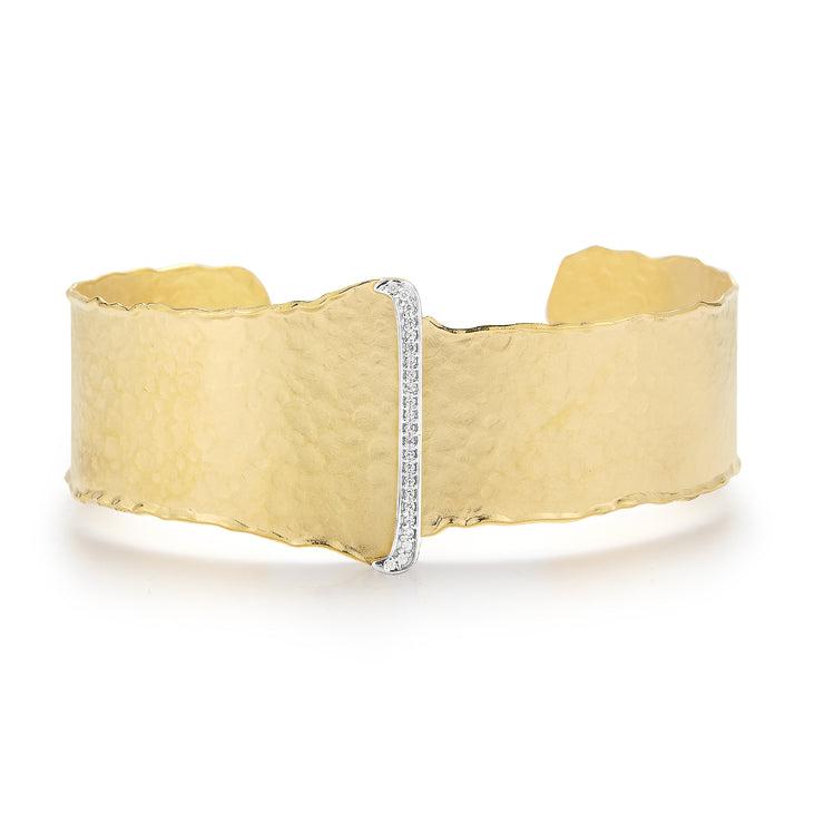 Yellow Gold Open Cuff with Pave Buckle Design