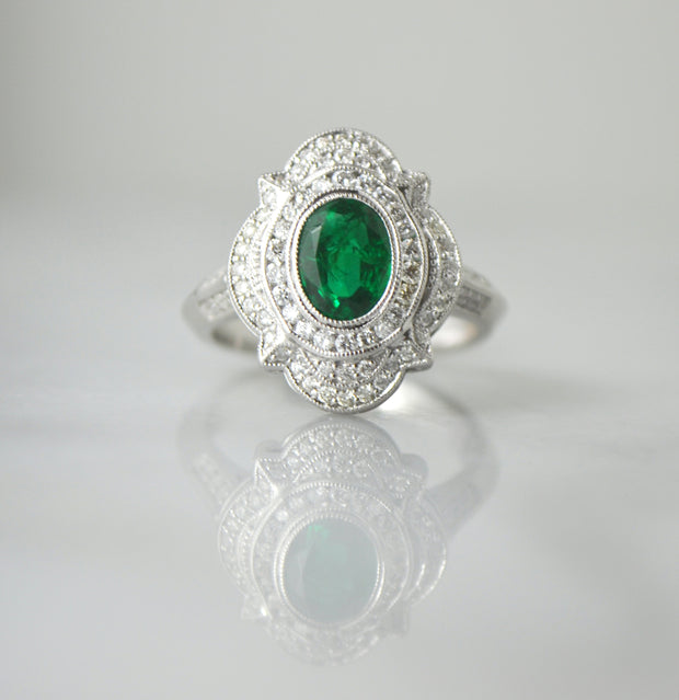 Emerald and Diamond Filigree Ring