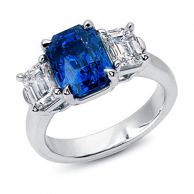 Emerald Cut Sapphire and Diamonds 3-Stone Ring