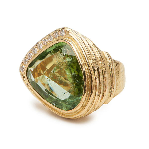 Faceted Green Tourmaline and Diamond Ring