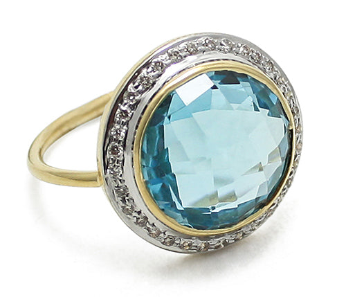 Swiss Blue Topaz and Diamond 18 Karat Gold Ring