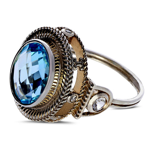 Swiss Blue Topaz, White Sapphire, 18 Karat Gold/Sterling Silver Ring w CZ accent