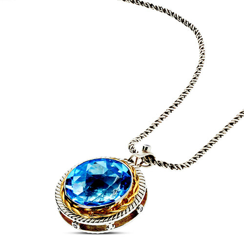 Large Blue Topaz And Diamond Pendant/Enhancer/Brooch 18 Karat Gold/Sterling Silver