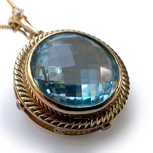 Large Blue Topaz and Diamond 18 Karat Gold Pendant/Enhancer/Brooch