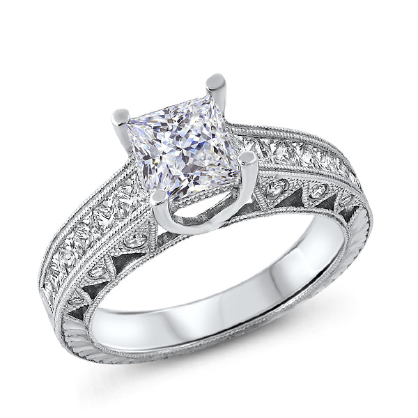 Princess Cut Solitaire with Diamond Shank and Carved Detail
